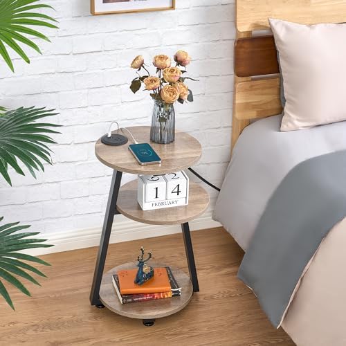 BEWISHOME Round End Table with Charging Station, Greige KTZ51G - Image 5