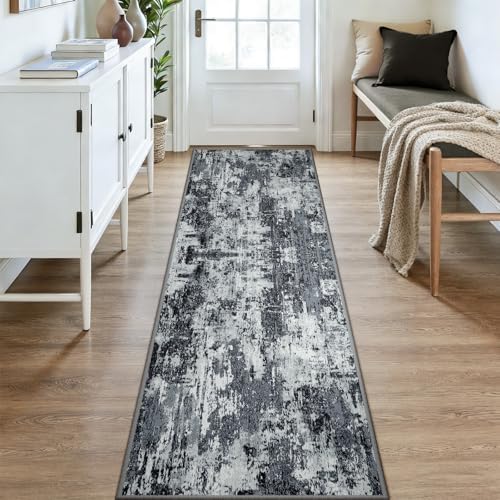 RELEANY Washable Runner 3'x9' Abstract Area Rug for Hallway Black White - Image 2