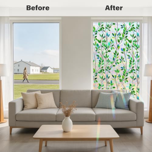 FINNEZ Window Privacy Film Stained Glass Green Leaf, 17.5″ x 78.7″ - Image 4