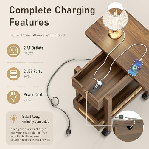 YOSHOOT Narrow End Table with Charging Station, Small Bedside Table - Image 5
