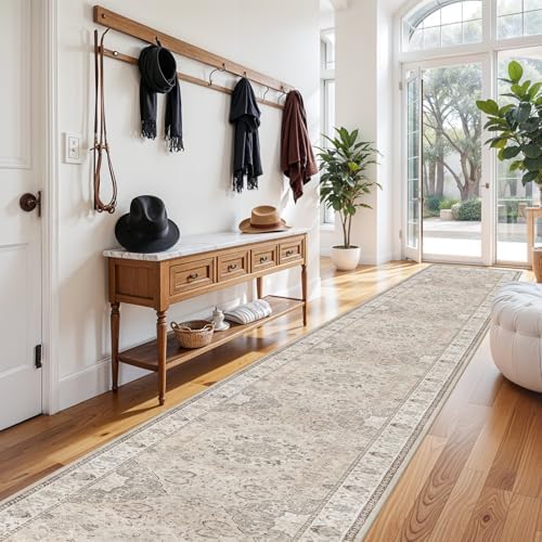 Hallway Washable Runner Rug - 3x20 Kitchen Rugs Entryway Rug Long Runner Vintage Soft Floor Mat Non Slip Indoor Farmhouse Carpet for Bathroom Living Room Bedroom (3 X 20, Beige) - Image 6