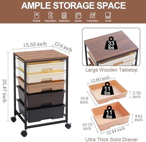 SYKIARIOL Rolling Cart with Drawers, 5 Drawers Utility Cart, Dark Brown - Image 3