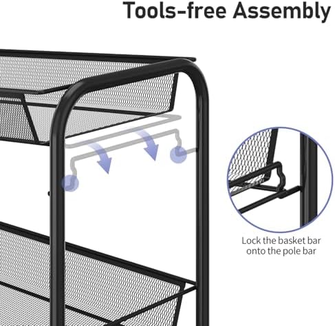 TOOLF 4-Tier Rolling Cart, Metal Utility Cart with 3 Hooks, Easy Assemble Mobile Storage Trolley On Wheels, Metal Shelving Units Kitchen Bathroom Laundry Room - Image 3