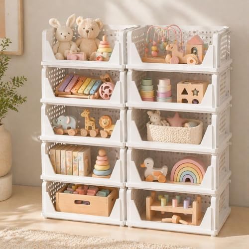 5 Pack Stackable Closet Storage Basket - Stackable Storage Bins, Multifunctional & Foldable Closet Organizer Waterproof, bathroom cabinet organizer,rv closet shelves, white stackable storage bins - Image 4