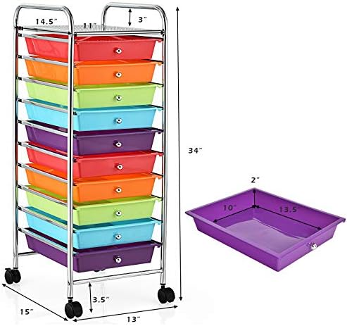 MEDIMALL 10 Drawers Rolling Storage Cart, Multipurpose Craft Storage Cart with Wheels, Mobile Tools Scrapbook Paper Organizer Cart for Office School Home Use (Multi-color) - Image 3