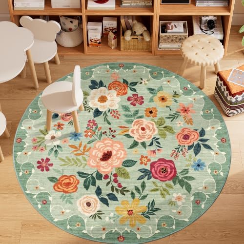 DUKINO 5ft Round Rug, Non Slip Floral Washable Small Circle Rug, Green - Image 3