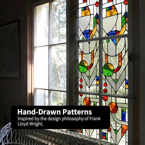 Original Hand Drawn Faux Stained Glass Window Film Double-Sided Texture Static Film, Vibrant Geometry Patterns Inspired by March Balloons, See Through 11.02"X55.12" - Image 5