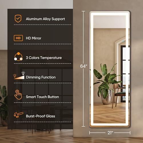 LED Rectangular Full Length Mirror, 64"L x 21"W Body Standing Mirror - Image 2