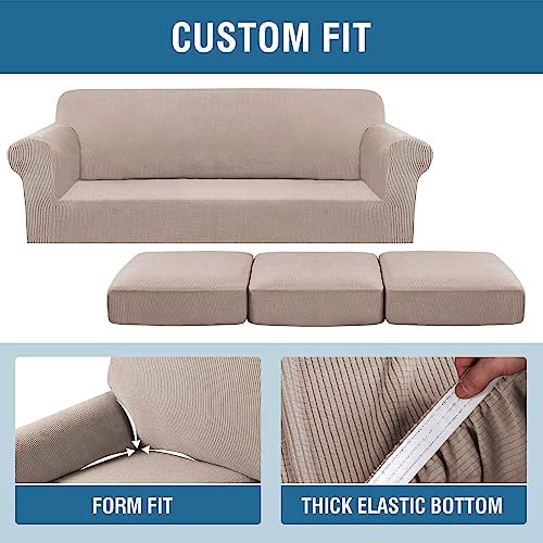 H.VERSAILTEX 4 Piece Stretch Sofa Covers for 3 Cushion Couch Covers for Living Room Slipcovers (Base Cover Plus 3 Seat Cushion Covers) Upgraded Thicker Jacquard Fabric (Sofa, Sand) - Image 6