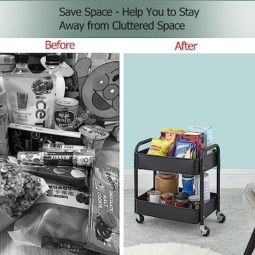 Melody House 2 Tier All-Metal Rolling Storage Cart with Handle and Locking Wheels - Kitchen, Laundry, Office, Bathroom Organizer, Black - Image 6