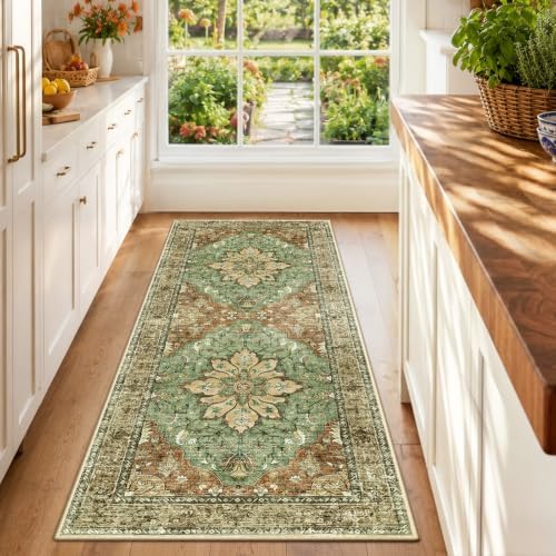 RELEANY Washable Area Rug, Runner 2'x6', Brick/Brown/Green by RELEANY