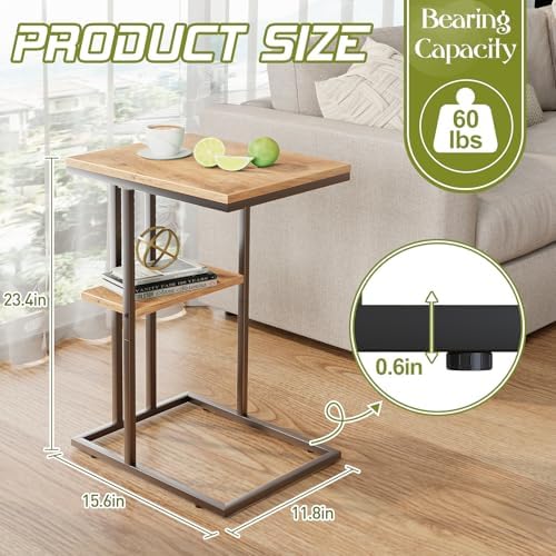C Shaped End Table, Small Side Table for Couch and Bed, Wood Snack Table with Metal Frame for TV Tray, Sofa, Living Room, Bedroom, Bedside (Oak) - Image 5