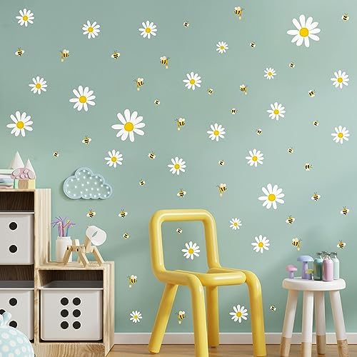 White Daisy and Bees Wall Stickers Easy to Peel and Stick Retro Flower Wall Decals for Girls Bedroom Nursery Living Room Office Floral Wall Decor - Image 3