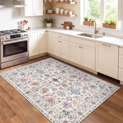Hanples 3x5 Washable Rugs for Entryway, Vintage Floral Door Mat, Beige - Image 5