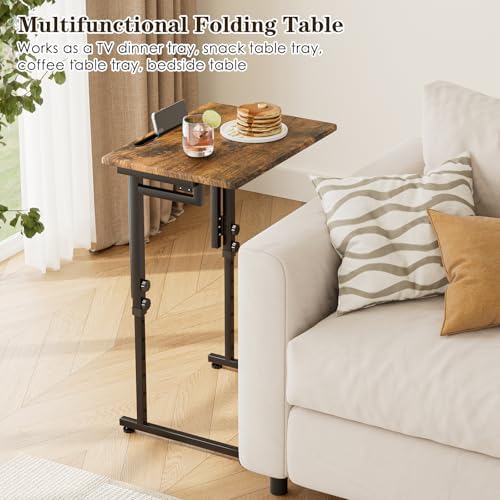 Adjustable Folding TV Tray Table,TV Dinner Small Foldable C-Shaped End Table for Eating,6 Height Adjustable Slide Under Couch Side with Sturdy MDF Top,No Assembly(Brown,2Pcs) - Image 5