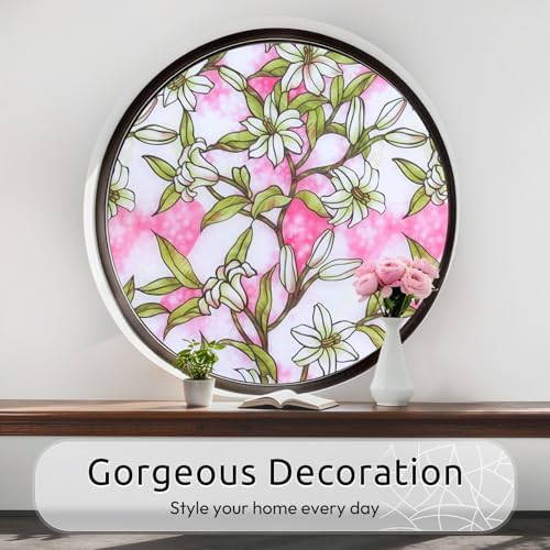 rabbitgoo Stained Glass Window Privacy Film, Pink Lily, 17.5" X 78.7" - Image 6
