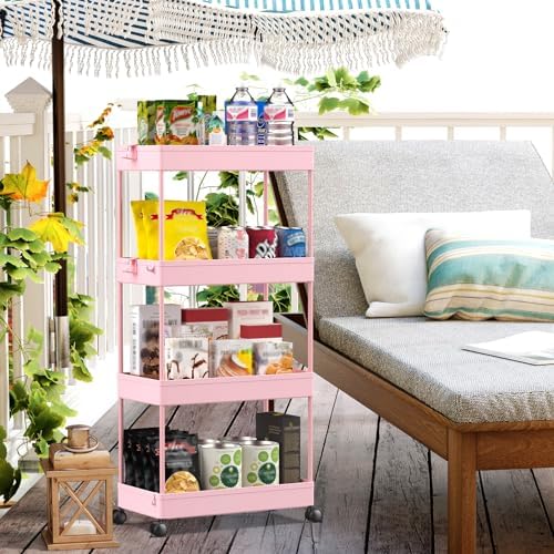 SPACEKEEPER 4 Tier Rolling Cart, Bathroom Cart Organizer with Wheels, Pink - Image 3