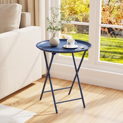 Garden 4 you Folding TV Tray Table, Metal Round Side Table, Blue Dinner Table with Metal Frame, Modern Outdoor Tray Table for Living Room, Bedroom, Patio & Small Spaces, 2 Packs - Image 2