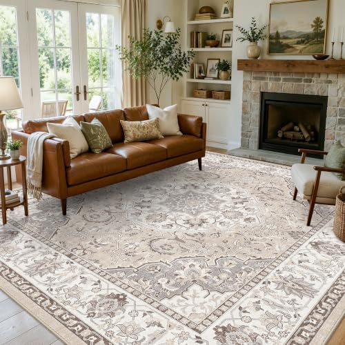 Living Room 12x12 Square Area Rug: Stain Resistant Washable Beige Vintage Rug Low-Pile Soft Floor Carpet for Bedroom Playroom Indoor Non Slip Boho Home Decor Mat for Office Dining Room(12x12，Beige) by HYHAOYUNLAI