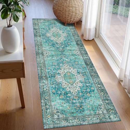 Washable Area Rug 2'6'' x 8' Vintage Traditional Persian Mat - Foldable Distressed Non-Slip Machine Washable Carpet for Living Room Bedroom Kitchen Home Decor - Teal and Gold - Image 3