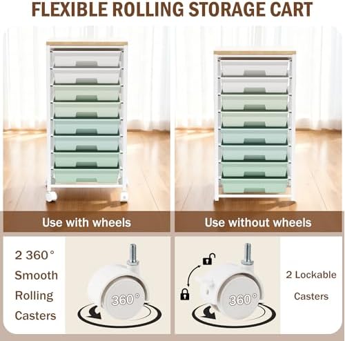 Rolling Cart with 8 Drawers, Storage Drawers Cart with Wooden Tabletop and Lockable Wheels, Craft Storage for Living Room, Office, Classroom, Craft Room, Bedroom - Image 6