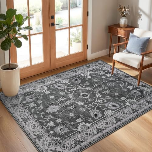 Hanples 3x5 Washable Rugs for Entryway, Vintage Floral Door Mat, Gray - Image 3