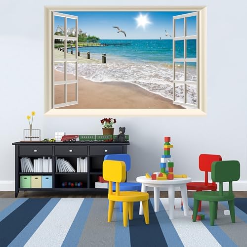 Fake Window Wall Decal- Summer Beach Seascape Open Wall Art Poster Sticker | Faux Window Ocean Coast Natural Landscape Mural｜ Stick and Peel Wall Decals｜Room Bedroom Office Decor｜48"x32",Set of 2 Sheets - Image 5