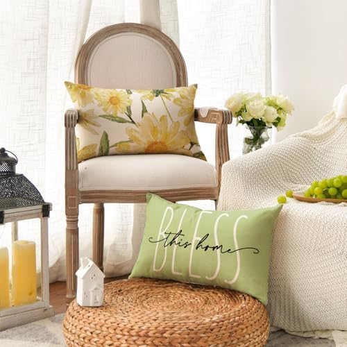 AVOIN colorlife Home Sweet Home Spring Summer Flowers Green Throw Pillow Covers, 12 x 20 Inch Cushion Case for Sofa Couch Set of 4 - Image 3