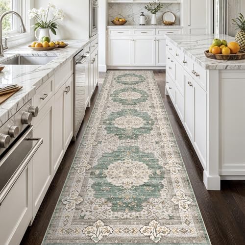 3x12 Runner Rug Washable Vintage: Non Slip Hallway Runners Green/Beige - Image 2