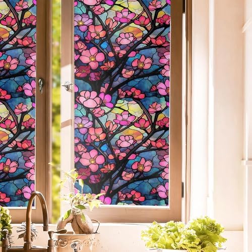 Pink Blue Cherry Flower Stained Glass Window Films Decorative Double-Side Privacy Film Self-Adhesive Static Clings for Living Room Bathroom Glass Windows Decor by Unknown
