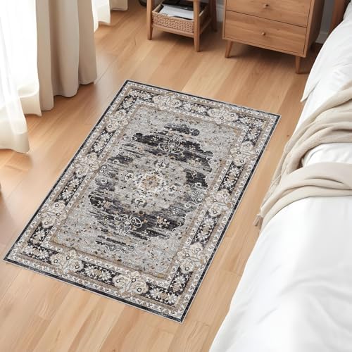 2x3 Washable Entryway Area Rug - Non-Slip Boho Throw Rugs Black Gray - Image 2
