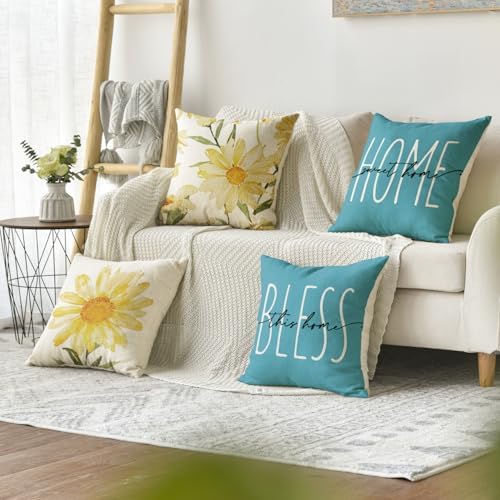 AVOIN colorlife Home Sweet Home Spring Summer Flowers Yellow Throw Pillow Covers, 18 x 18 Inch Blue Cushion Case for Sofa Couch Set of 4 - Image 2