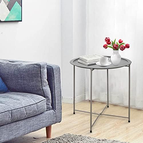 Garden 4 you End Table Metal Side Table Grey Round Folding Tray Cyan Sofa Small Accent Fold-able Table, Round End Table Tray, Next to Sofa Table, Snack Table for Living Room and Bed Room - Image 2