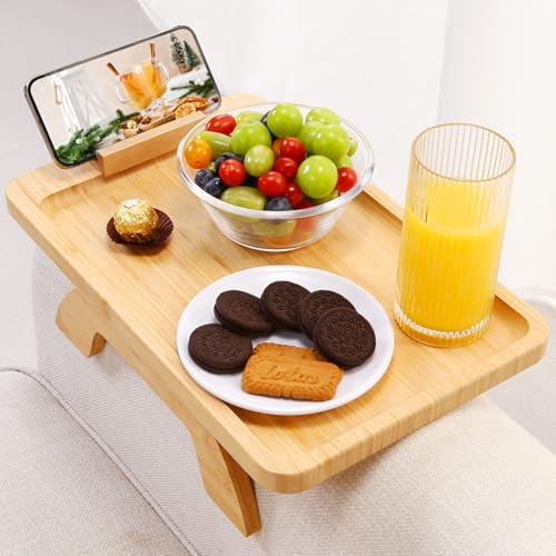 SINWANT Couch Arm Tray,Bamboo Sofa Clip on Side Table,Foldable Couch Armrest Table with 360°Rotating Phone Holder,Anti Slip Food Trays for Eating/Drinks/Snacks/Remotes 15.35" x 9.85" - Image 2
