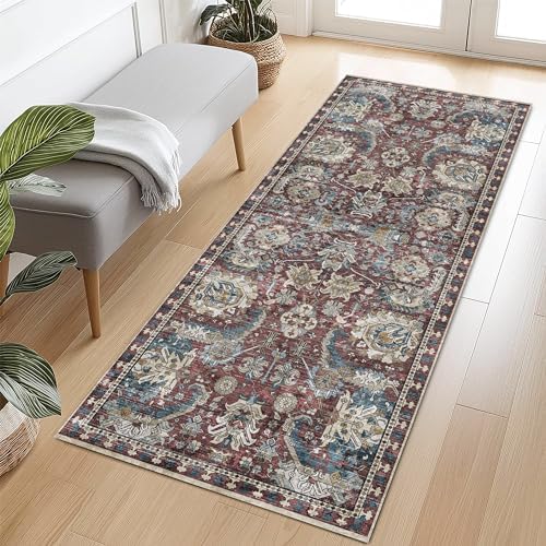 RUGSURE Washable Area Rugs - Perfect for Living Room, Bedroom, Kids Room, Nursery - Stain & Water Resistant Non-Slip, Pet & Child Friendly, Vintage Tribal Area Rugs (Rust and Bule, 2'6'' x 8') by RUGSURE