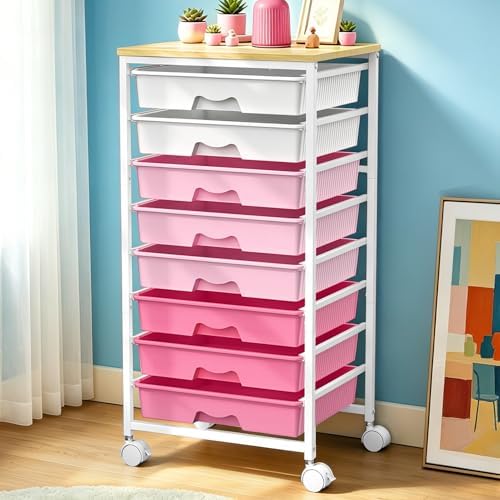 SUNALLY Rolling Cart With 8 Drawers, Storage Drawer Cart for Craft Art,Pink by SUNALLY