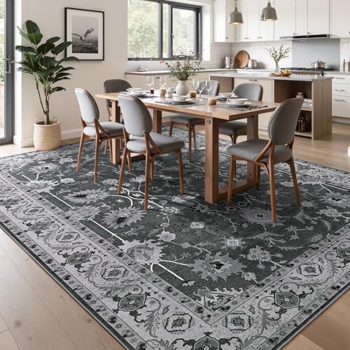 Hanples 9x12 Area Rugs for Living Room, Washable Rug Vintage Floral, Gray - Image 4