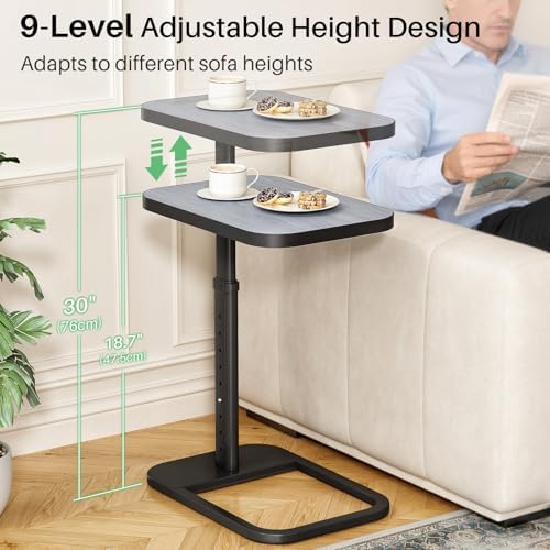 Kitstorack Adjustable Height C-Shaped End Table, 9-Level Side Table with Thickened Metal Rounded Edge, Couch Table Slides Under Sofa or Bed, Eating, Working, TV Tray Table for Small Spaces, Dark Gray - Image 3