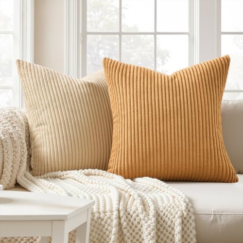 Topfinel Yellow Brown Throw Pillow Covers Rustic Modern Soft Corduroy Striped Decorative Cushion Cover 16x16 Inch Gradient Farmhouse Pillow Case Set of 4 for Sofa Couch Living Room Bedroom - Image 2