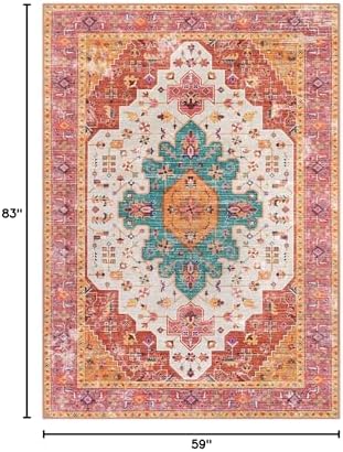 Moynesa Ultra-Thin Washable Vintage Area Rug - 5x7 Large Bedroom Boho Non-Slip Non-Shedding Living Room Mat Oriental Medallion Floor Carpet for Kids Nursery Room Office, Pink/Teal/Multi - Image 2
