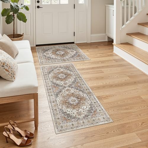 Madane 2-Piece Area Rugs Set, Small Kitchen Runner Non-Slip, Turmeric/Grey by Madane