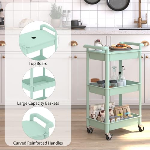 Steehoom 3-Tier Utility Rolling Cart with Cover Top Board, Mobile Utility Cart with Lockable Casters Multi-Functional Storage Trolley for Office, Bathroom, Kitchen, Garden, Laundry Room (Green) - Image 4