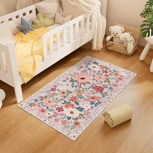 DUKINO 2x4 Entryway Rug, Floral Washable Kitchen Rugs Non Slip, Beige - Image 4