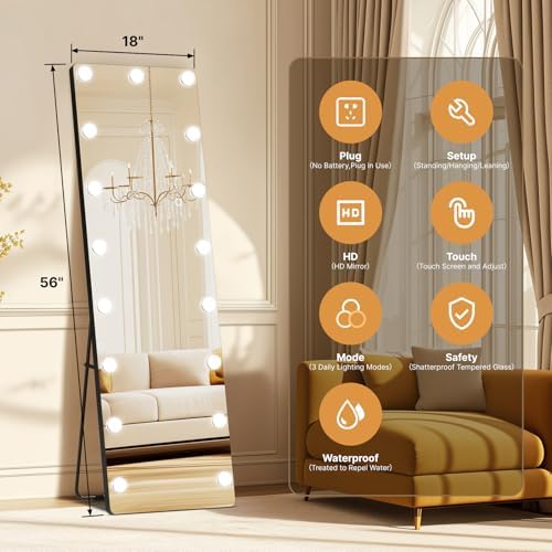Kosmonia 56"x18" Hollywood Full Length Mirror with Light, 17 Dimmable Bulbs - Image 4