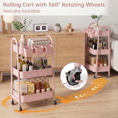 danpinera 3-Tier Rolling Cart, Utility Cart Mobile Metal Rolling Storage Cart with Lockable Wheels & Hanging Cups & Hooks for Kitchen, Bathroom, Office, Workshop, Pink - Image 4