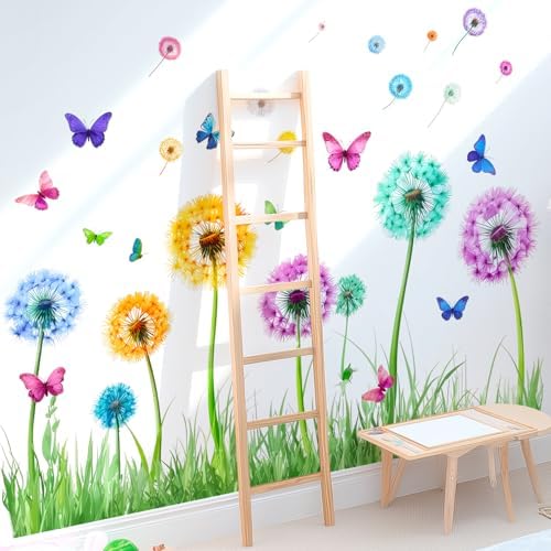 Colorful Floral Flower Dandelion Butterfly Wall Decals Stickers Decor Art | Removable butterflies spring grass wall decor stickers mural - nature art for living room bedroom nursery kids room classroom - Image 3