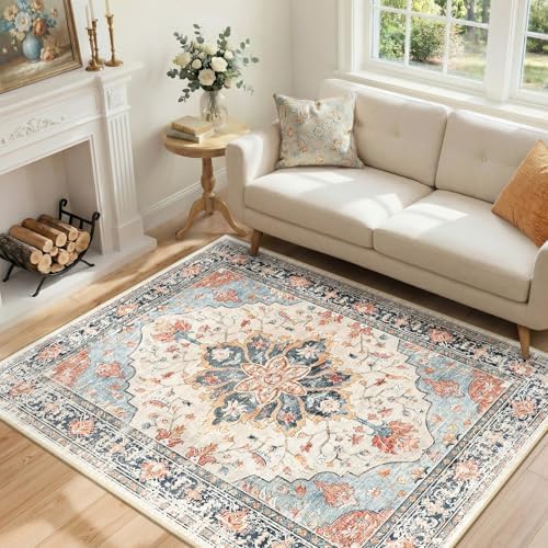 RELEANY Washable Area Rug, 5'x7', Beige/Blue/Orange - Image 4