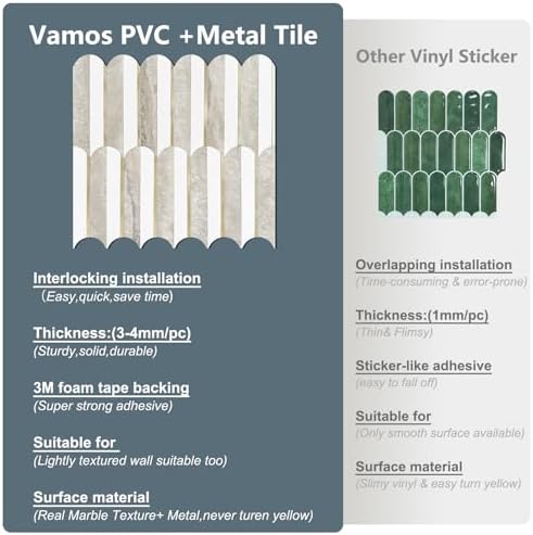 Vamos Peel and Stick Backsplash Seamless Tile for Kitchen and Bathroom,White and Beige Slate PVC Mixed Light Gold Self Adhesive Fish Scale Metal Mosaic Tiles (10 Sheets) - Image 4