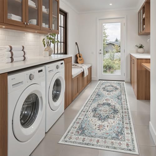 Madane Blue Runner Rug, 2x5, Low-Pile, Non-Slip, Washable, Stain Resistant, Retro, Machine-Made, Microfiber, Floral, Kitchen, Living Room, Bedroom, Laundry Room - Image 4