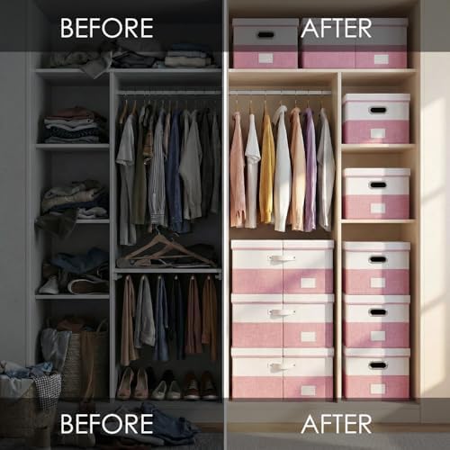 PRANDOM Storage Bins with Lids [3-Pack] Linen Fabric Foldable Storage Boxes Organizer Containers Baskets Cube with Cover for Bedroom Closet Office White&Pink (23.4X15.9X11.4) - Image 5